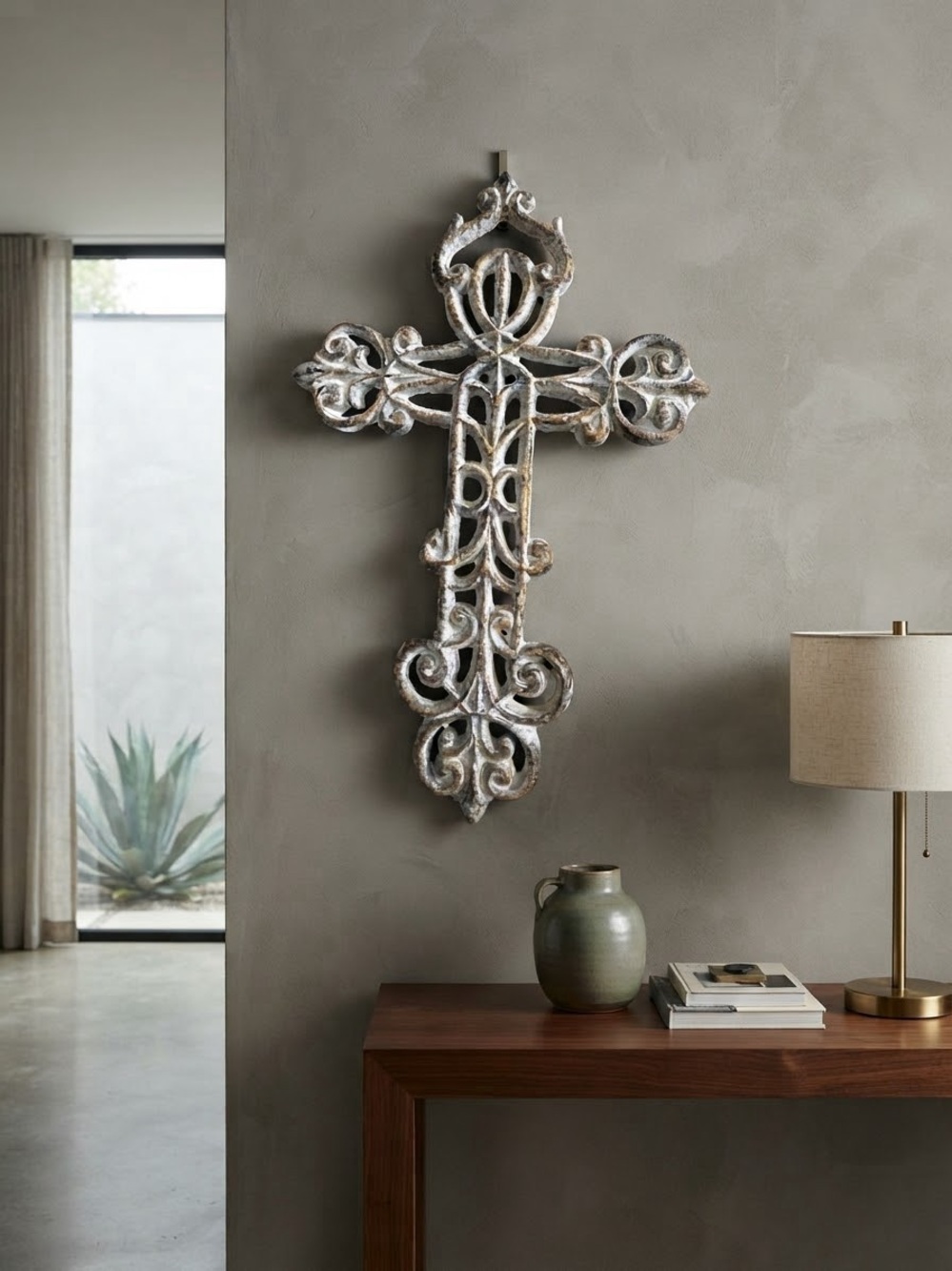 Distressed White Ornate Wall Cross - Decorative Home Wall Decor